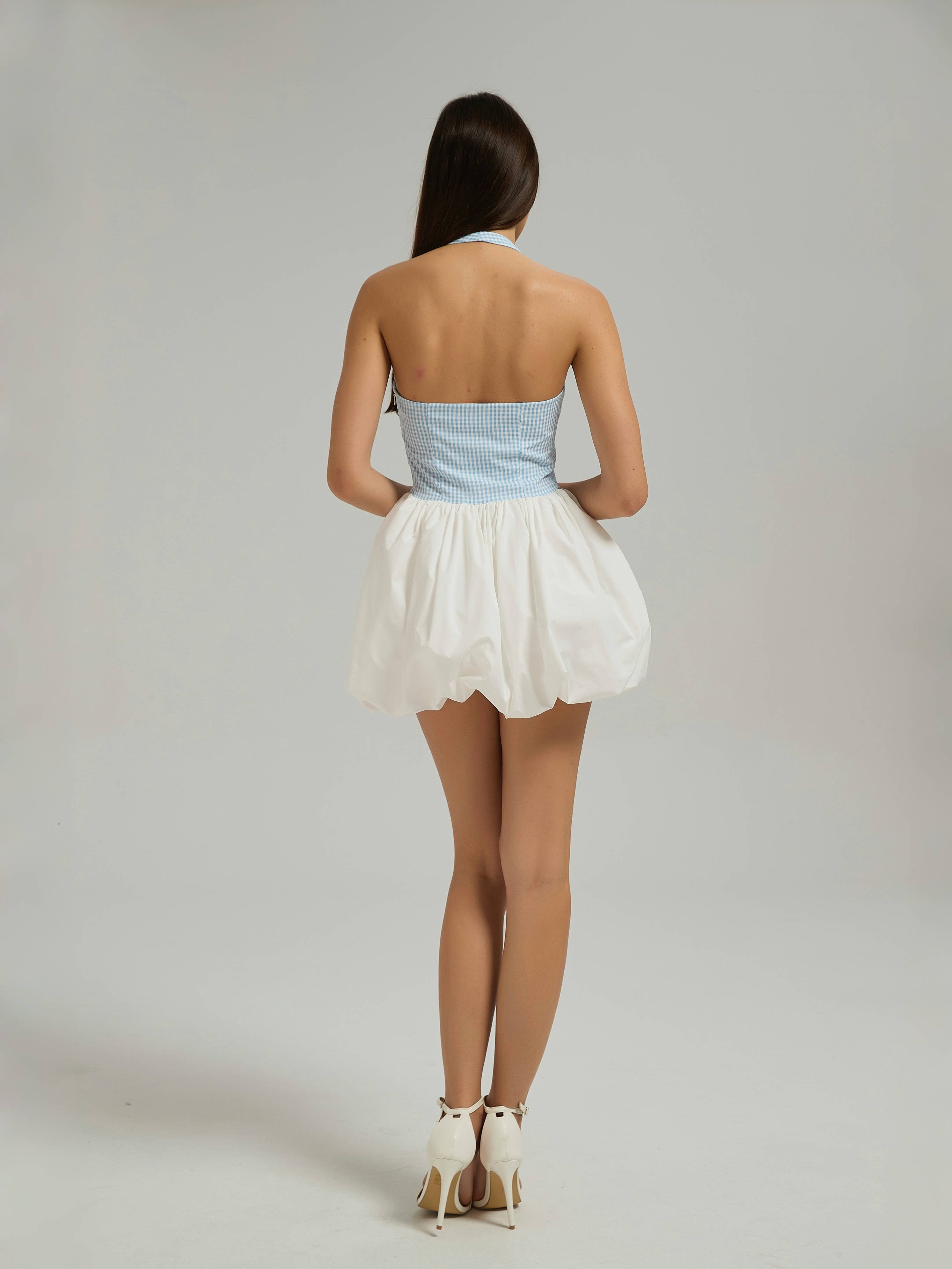 CLARA HALTER MINI DRESS - POWDER BLUE/WHITE