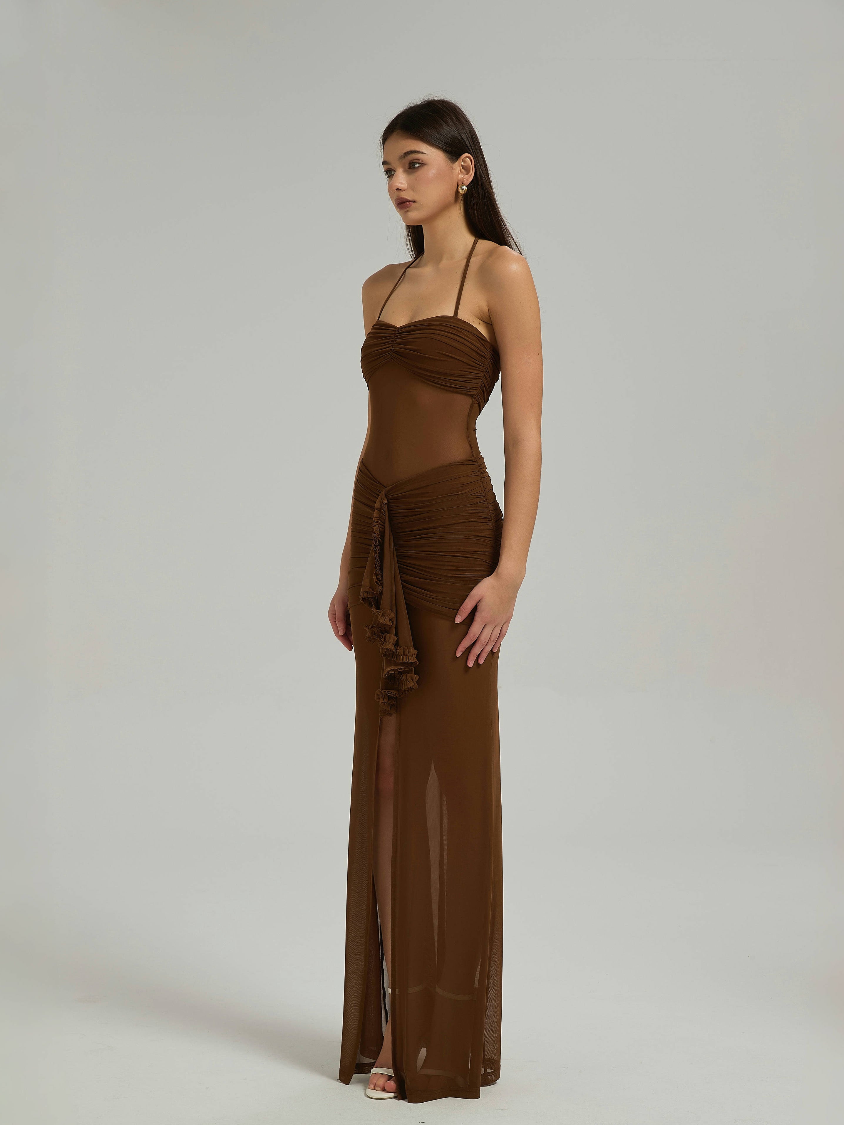 COCOA MESH MAXI DRESS - CHOCOLATE