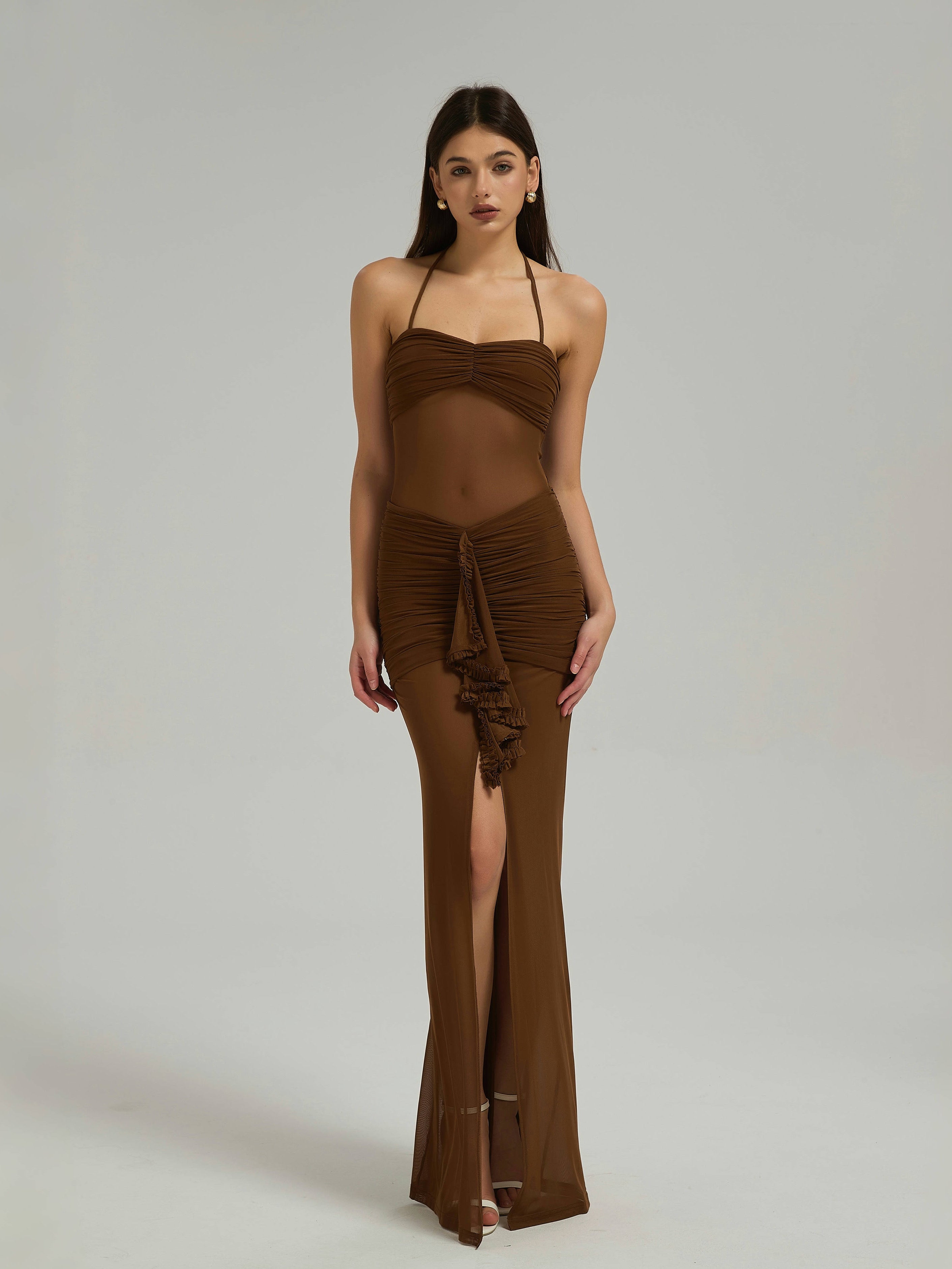 COCOA MESH MAXI DRESS - CHOCOLATE