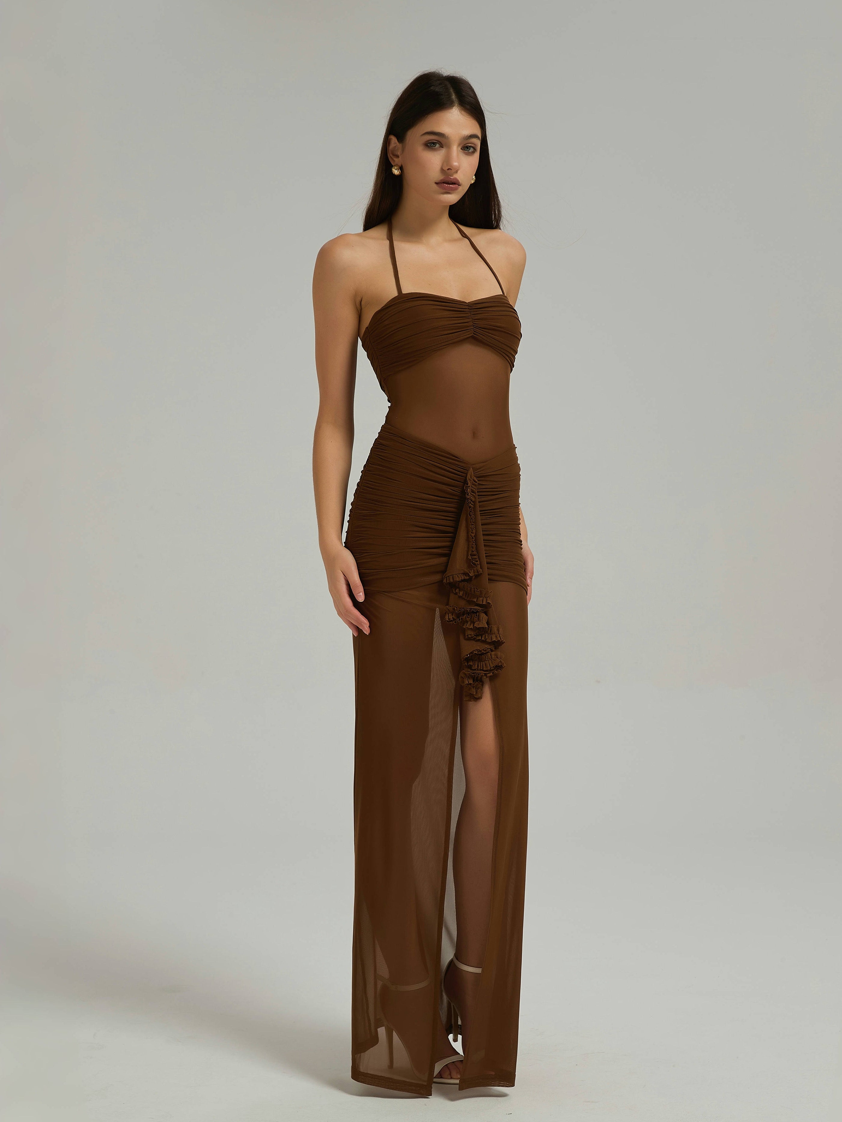 COCOA MESH MAXI DRESS - CHOCOLATE