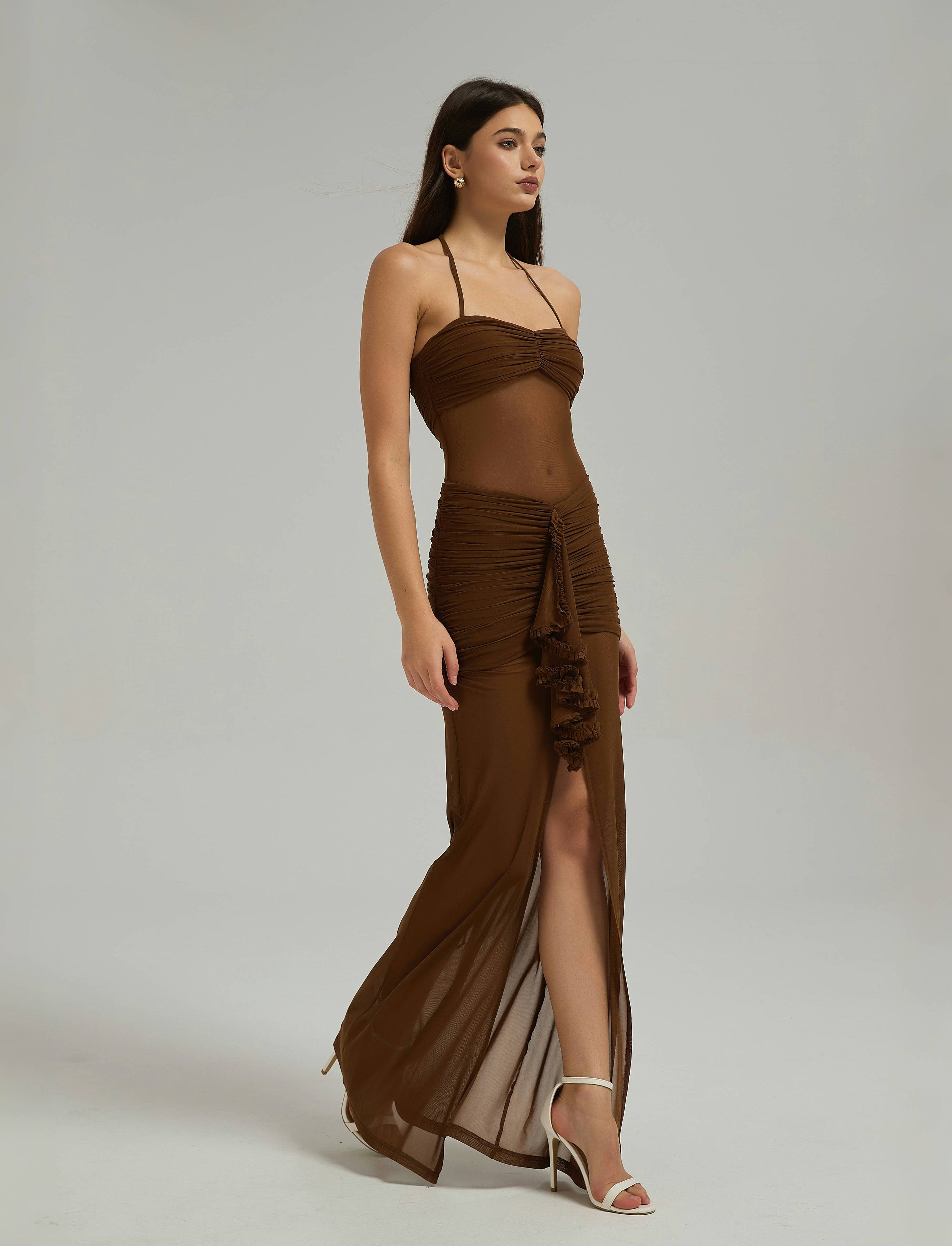 chocolate mesh cut out layered maxi dress Marice Wrap Mesh Maxi Dress In Chocolate