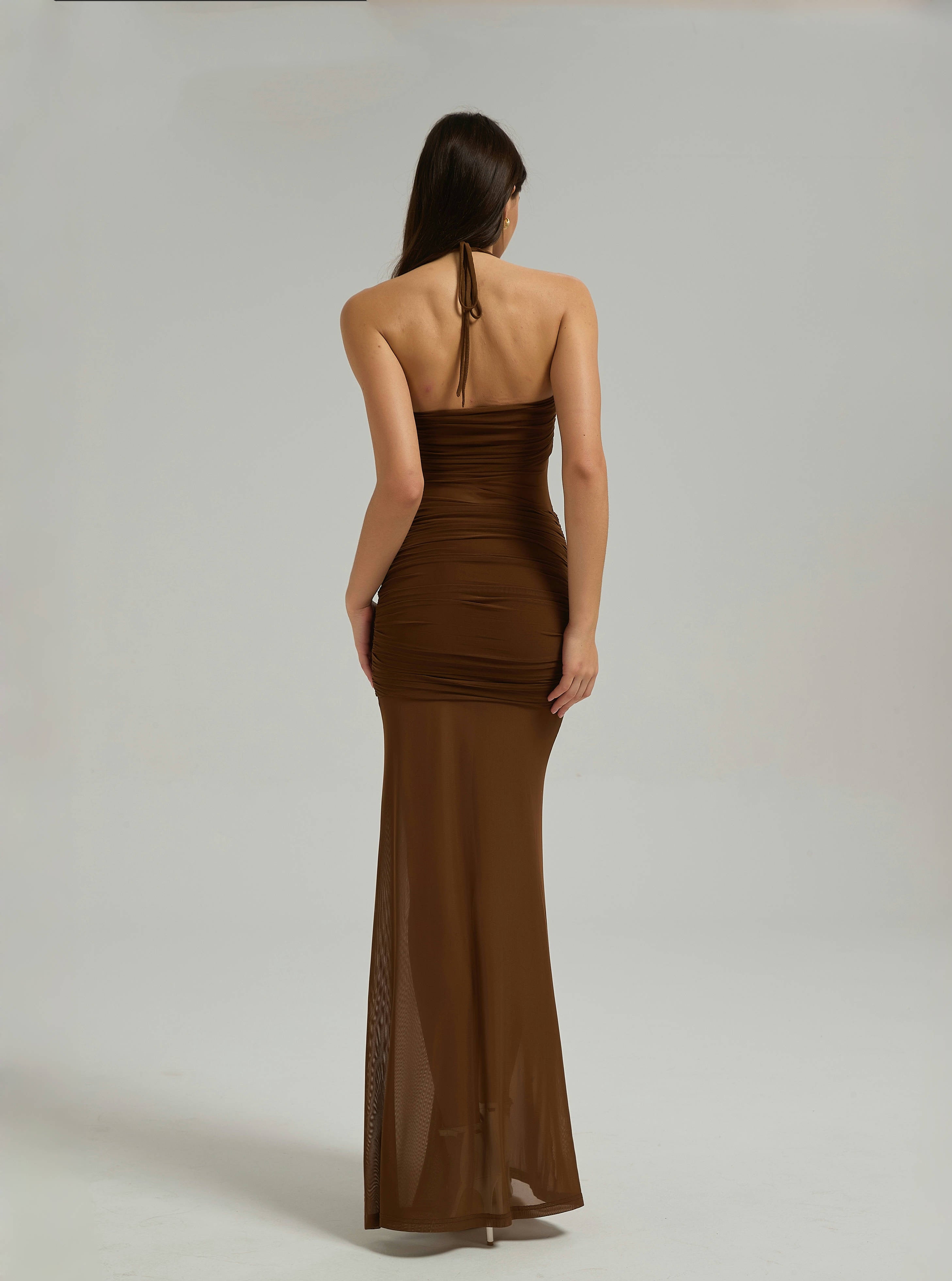 COCOA MESH MAXI DRESS - CHOCOLATE