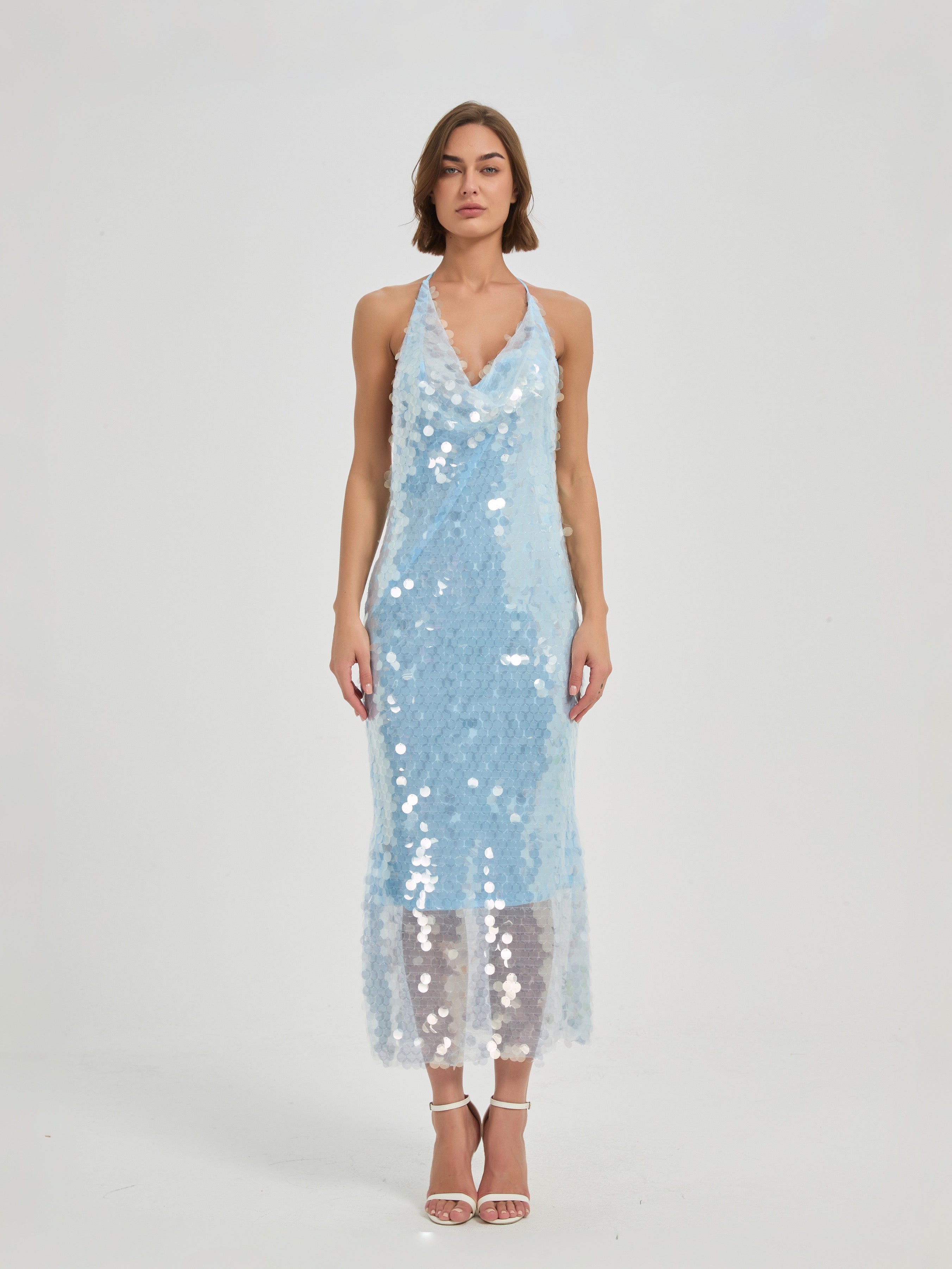 CELESTE SEQUIN HAITER MIDI DRESS - ICE BLUE
