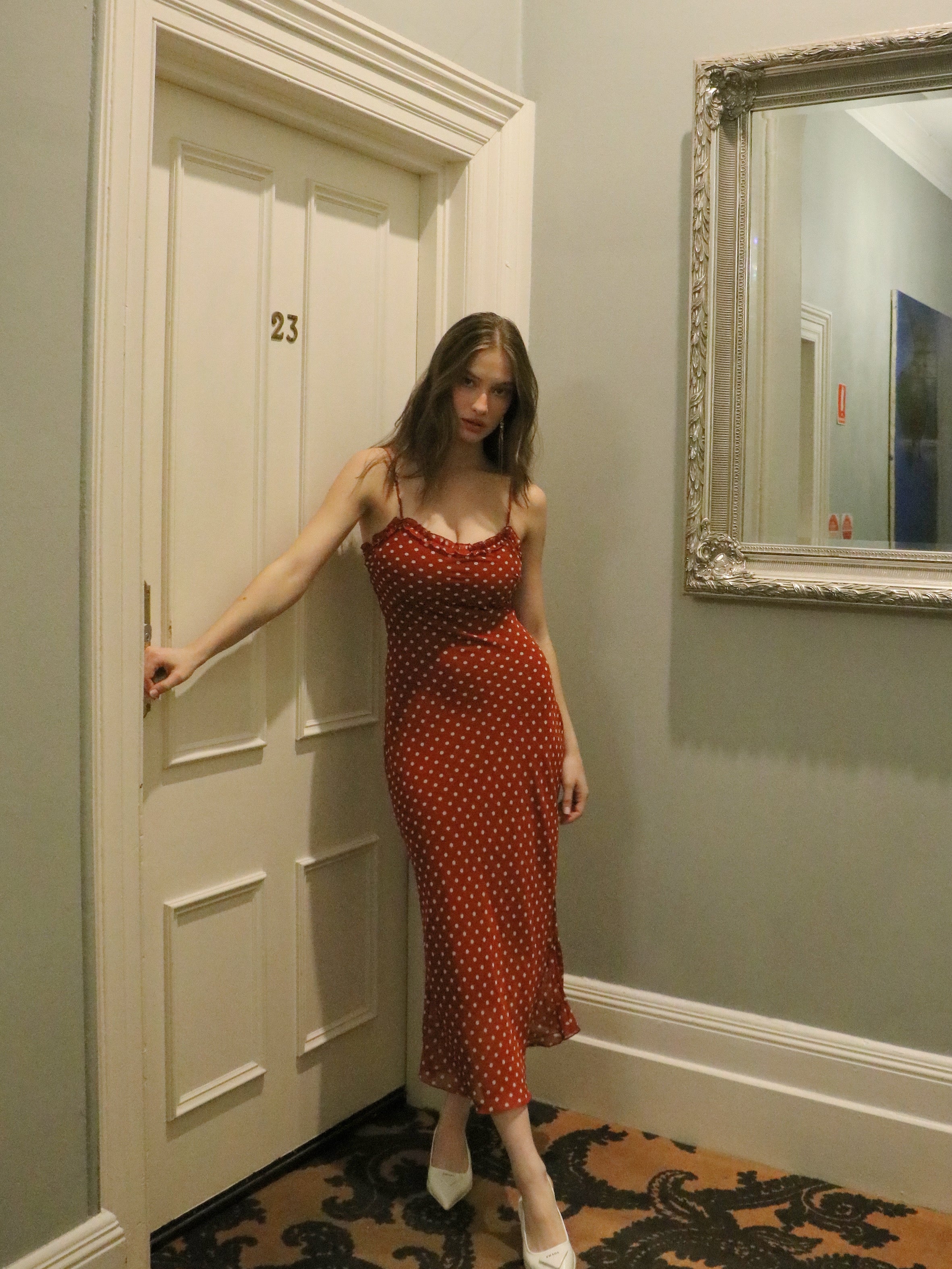 CHERRY DOTS CHIFFON DRESS