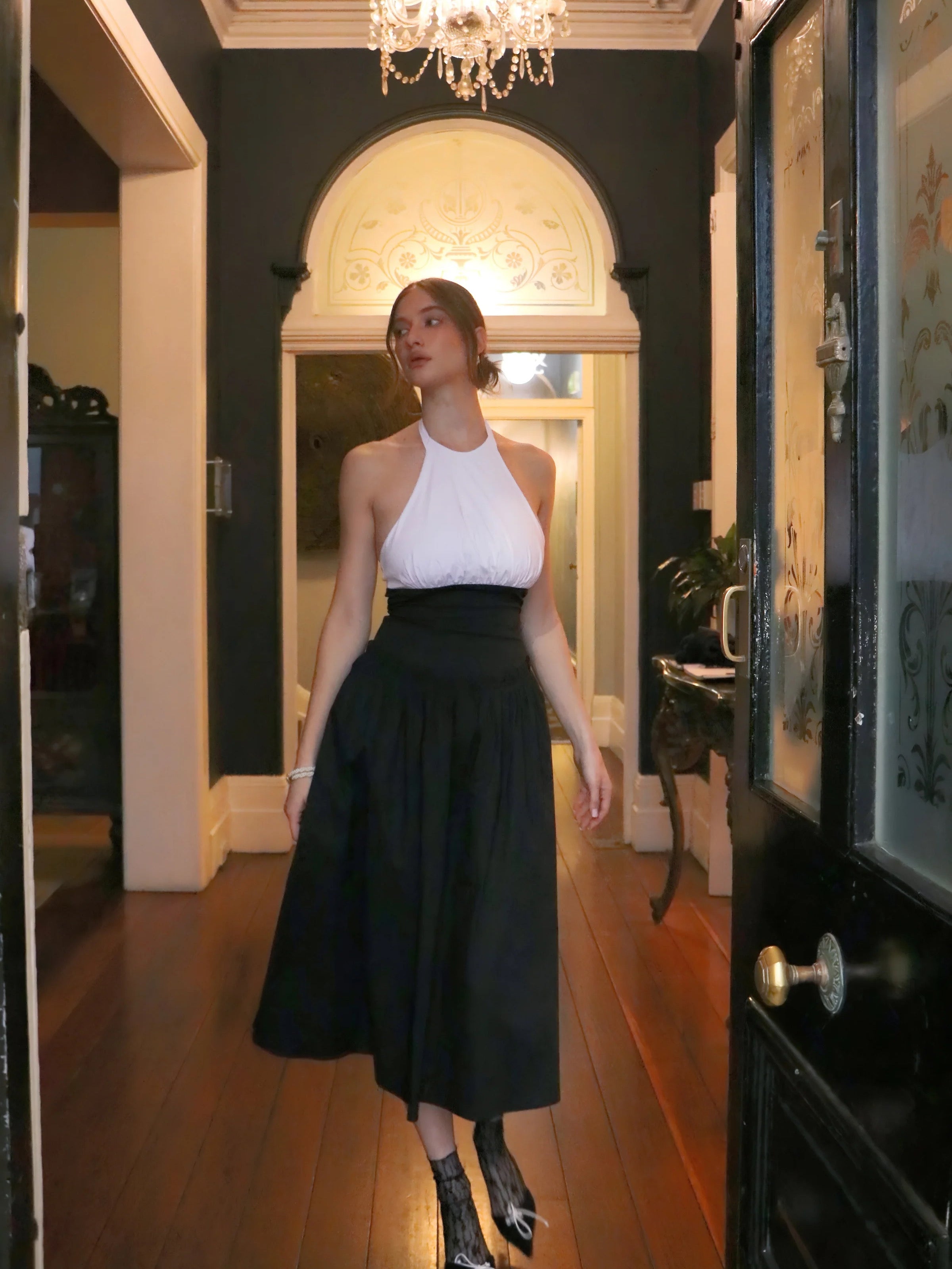 MONACO HALTER MIDI DRESS - BLACK/WHITE