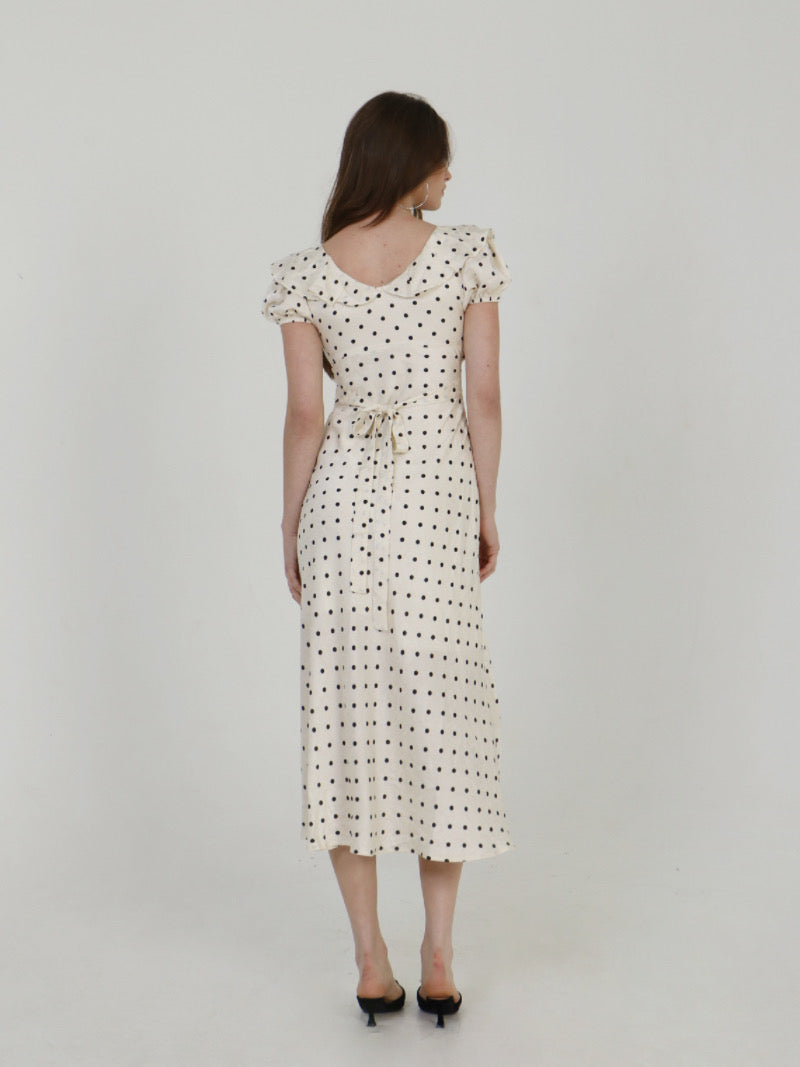 VINTAGE POLKA PUFF SLEEVE MIDI DRESS