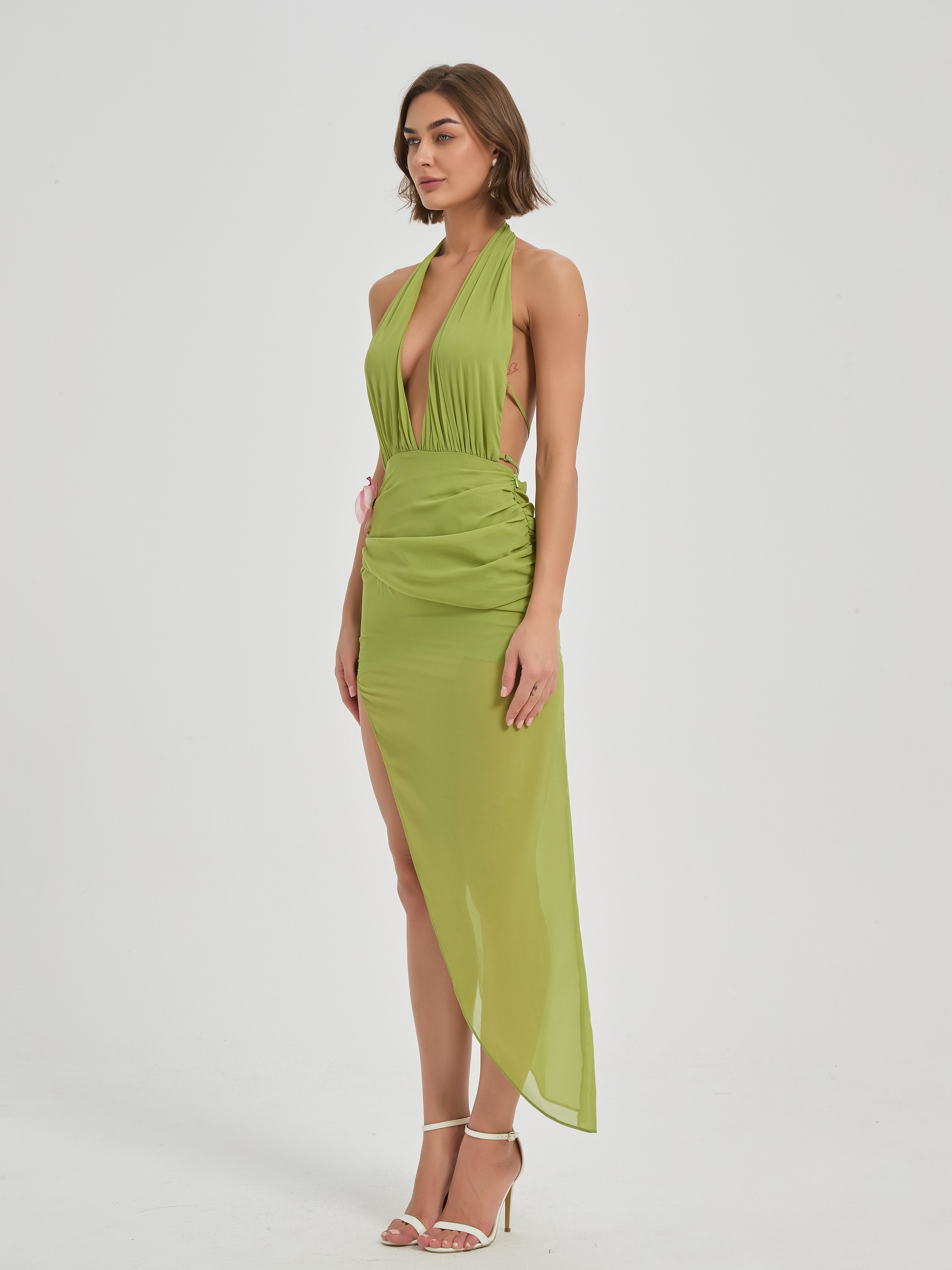 PALOMA FLORAL HALTER MAXI DRESS - OLIVE GREEN