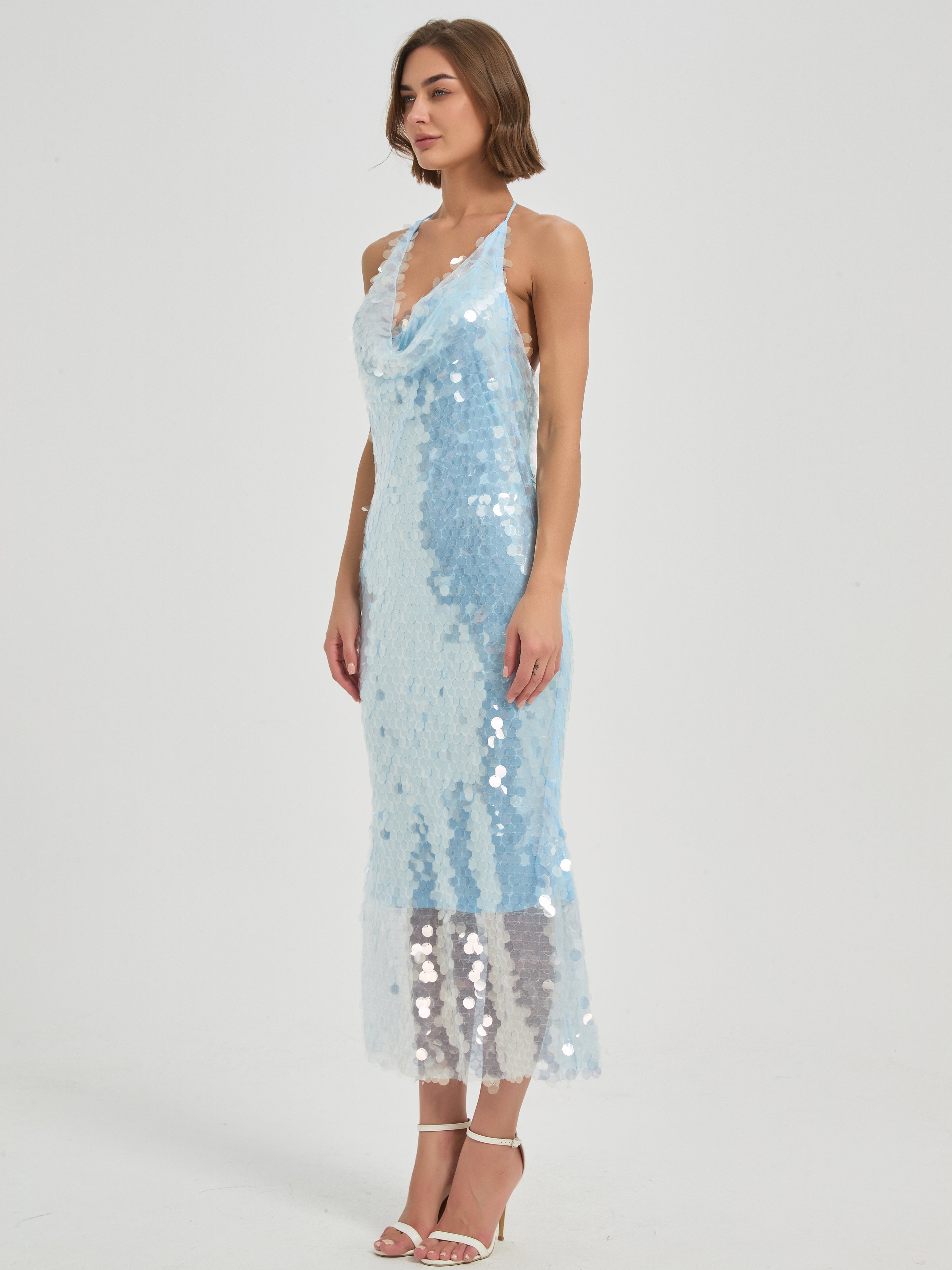 CELESTE SEQUIN HAITER MIDI DRESS - ICE BLUE