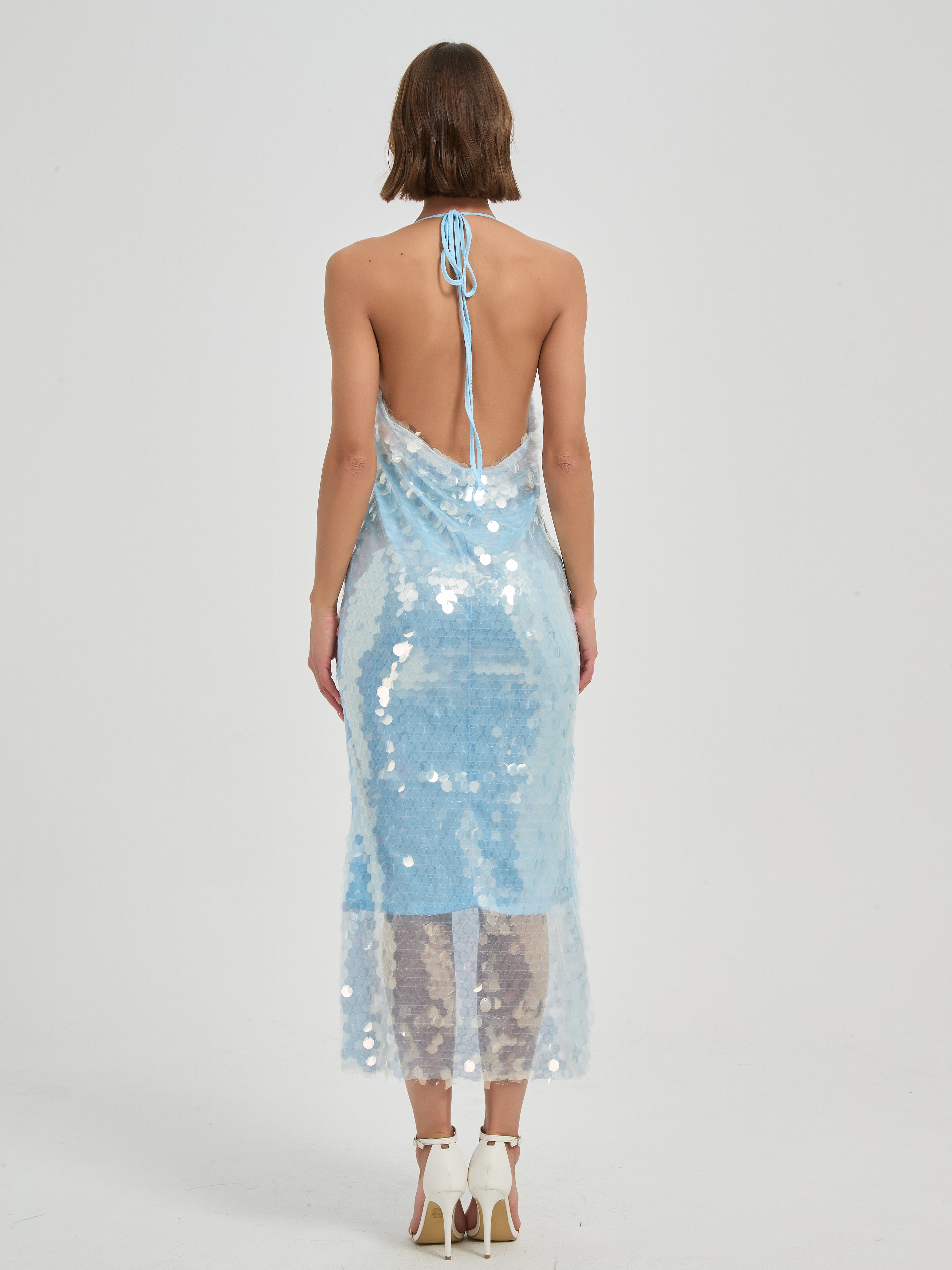 CELESTE SEQUIN HAITER MIDI DRESS - ICE BLUE