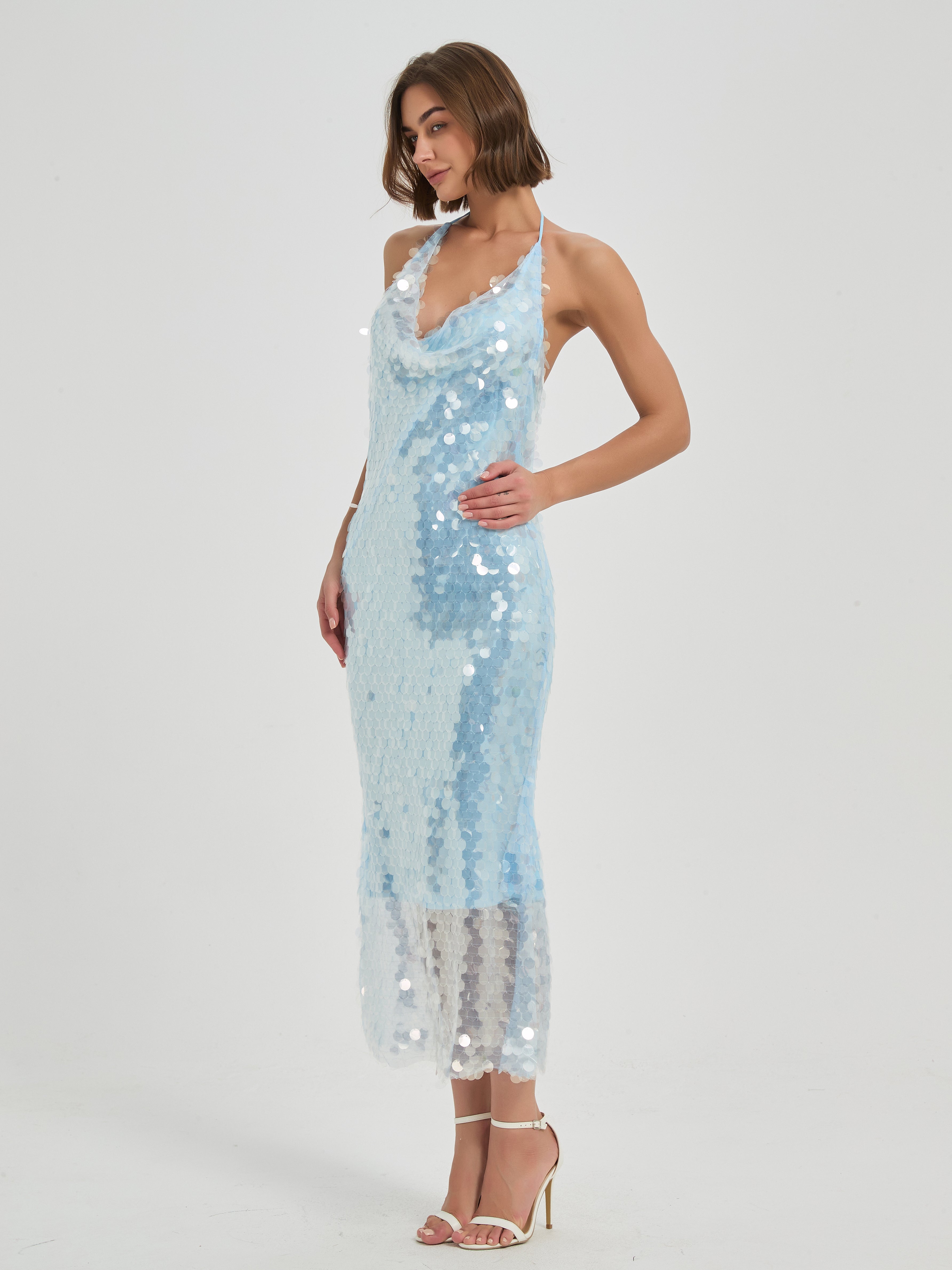 CELESTE SEQUIN HAITER MIDI DRESS - ICE BLUE