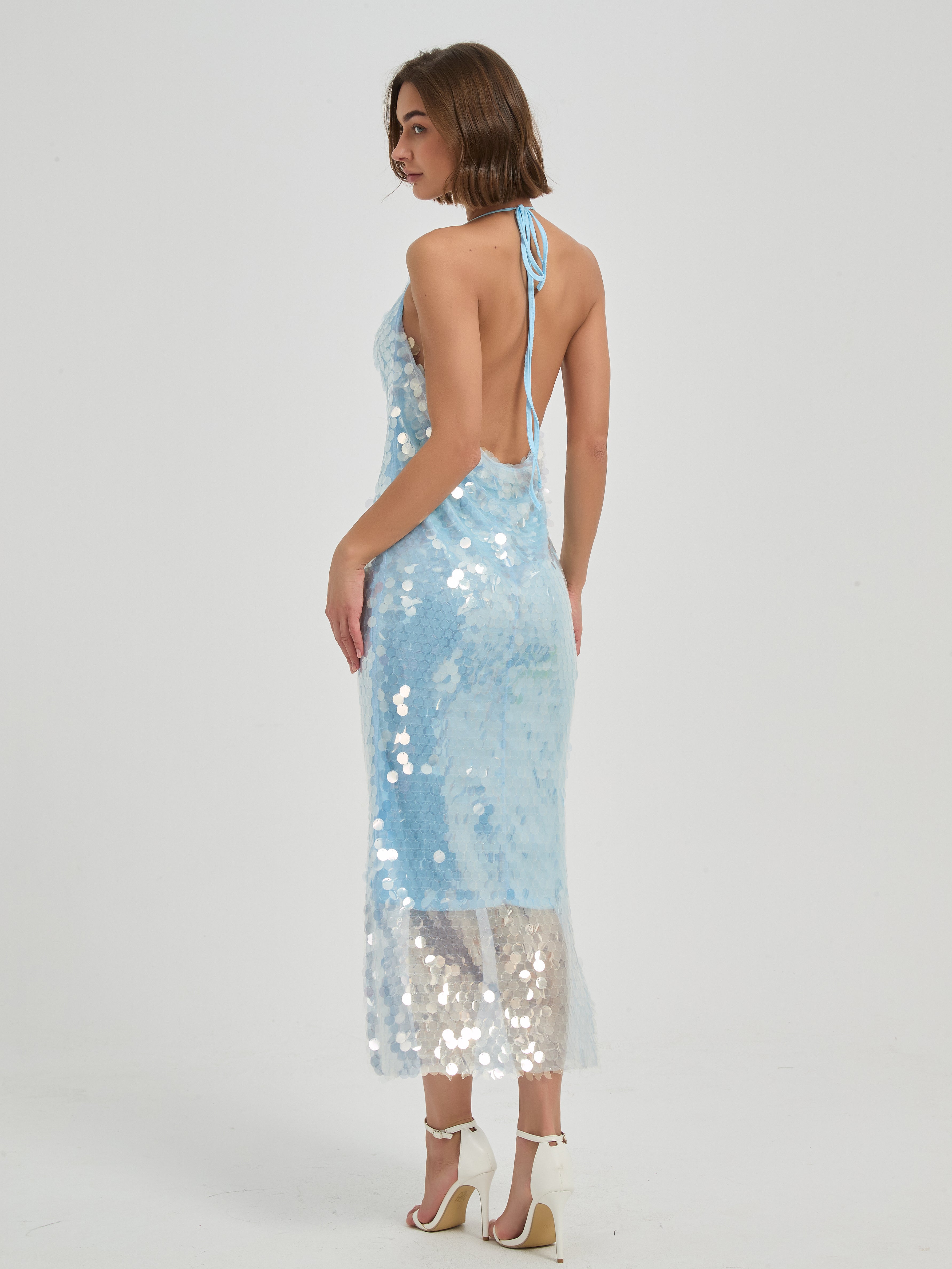 CELESTE SEQUIN HAITER MIDI DRESS - ICE BLUE