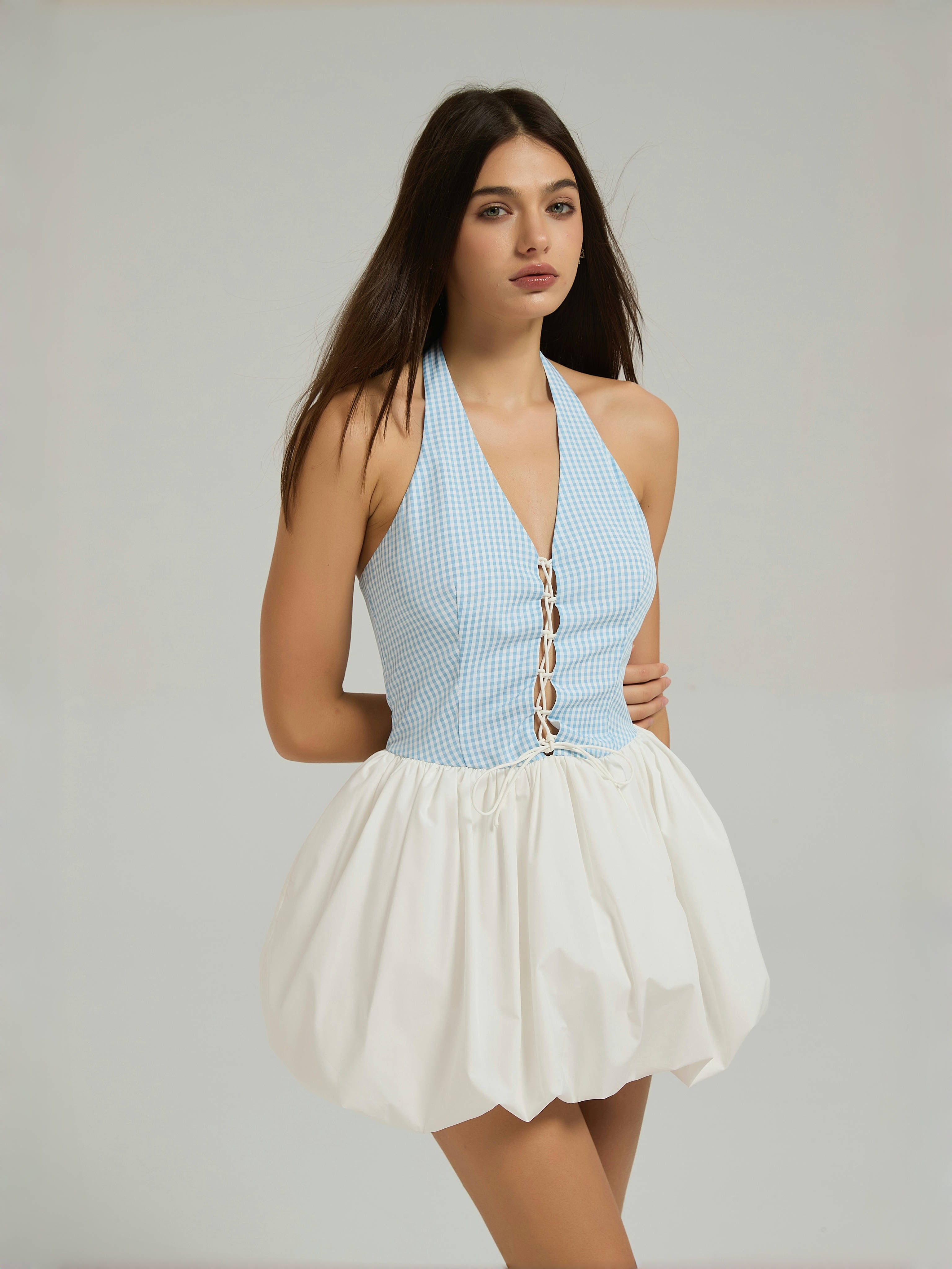 CLARA HALTER MINI DRESS - POWDER BLUE/WHITE